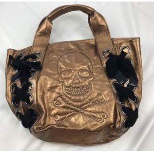 Betsey Johnson Bronze Skull Purse Velvet Lace Ties